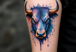 Watercolor Bull – A bold bull head painted in splashes of dark blue, purple, and brown, with watercolor drips and abstract lines forming its fierce expression. tattoo idea