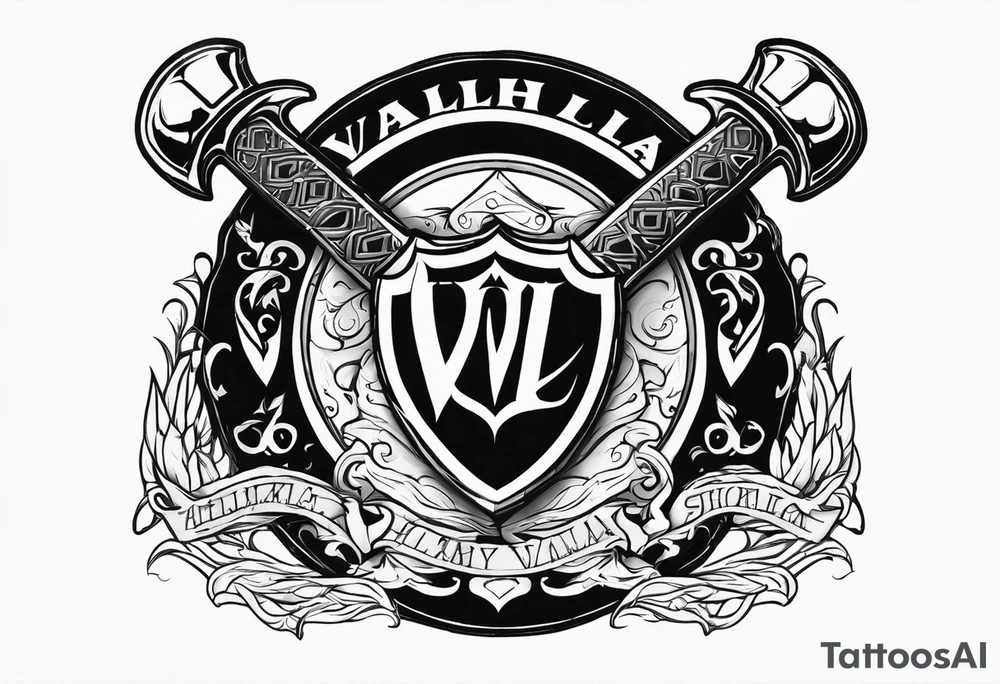Valhalla shield sword 
axe step tattoo idea