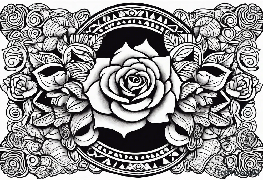 Design a masculine tattoo depicting three delicate rose buds being embraced and protected by 
Aztec weapons. The weapons should include elements such as the macuahuitl (Aztec sword-club)
, arranged in a way that forms a protective circle or embrace around the roses. Carve the entire image as if it were a stone sculpture by an ancient Aztec artist, with the texture resembling intricately detailed stone carvings. The roses should be slightly softer but still stylized in stone, giving the entire tattoo a powerful, yet artistic and ancient feel. Use bold, sharp lines to capture the essence of Aztec craftsmanship

Historically accurate tattoo idea