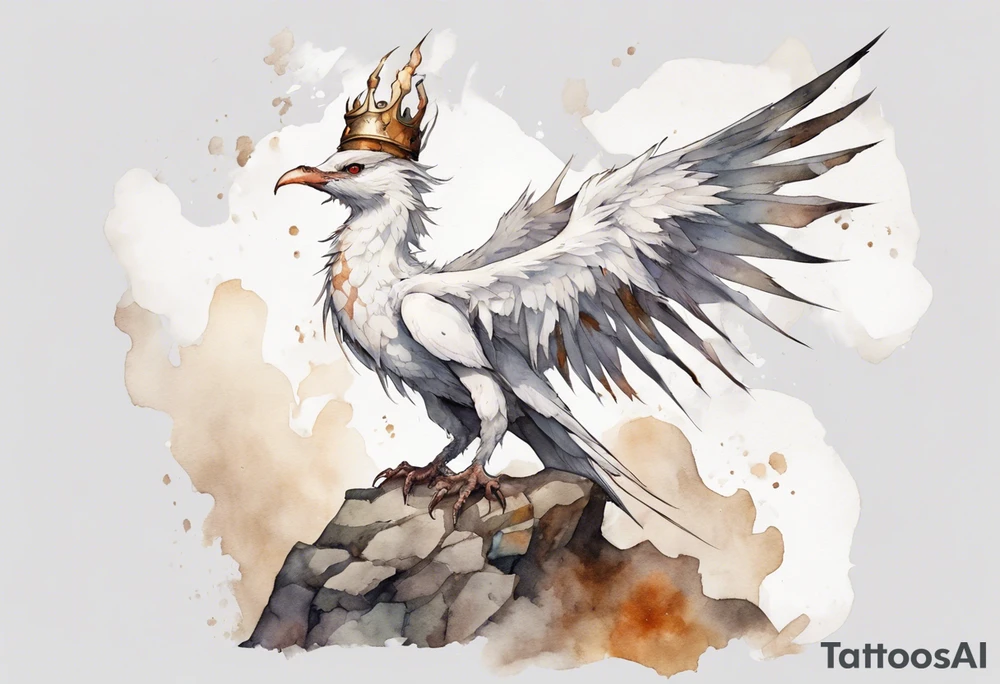 a white bird-wyvern hybrid, wearing a rusted crown, perched on a stone tattoo idea