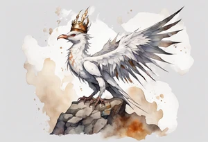 a white bird-wyvern hybrid, wearing a rusted crown, perched on a stone tattoo idea