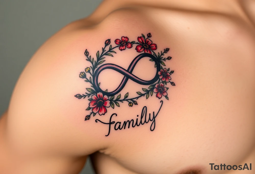 An infinity symbol surrounded by a wreath of wildflowers, with the word "family" flowing beneath tattoo idea