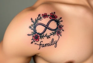An infinity symbol surrounded by a wreath of wildflowers, with the word "family" flowing beneath tattoo idea
