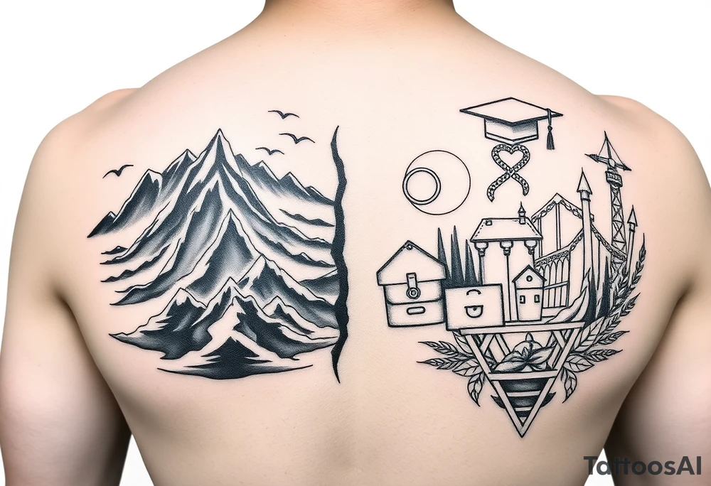 The tattoo should represent a journey from youthful enthusiasm to mature wisdom. On one side, depict the adventurous spirit of youth with imagery like rugged landscapes and exploration scenes. On the other side, reflect maturity and life experiences such as military service, career milestones, love, and family, using symbols like a graduation cap, military insignia, briefcase, wedding ring, and family.

Incorporate themes of continuous learning and self-discovery, with elements of self-love, familial bonds, community, and empathy. Contrast natural landscapes with man-made structures to symbolize the balance between nature and technology. The design should flow from left (youth) to right (maturity) and be rendered in black and white. tattoo idea