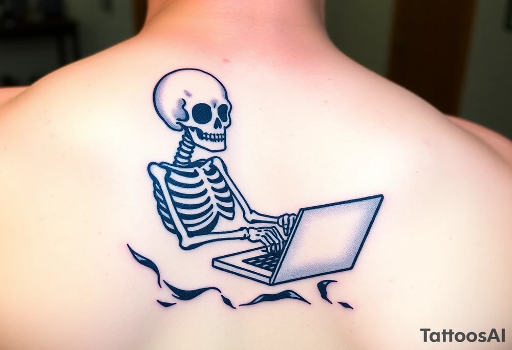 skeleton working at a laptop tattoo idea