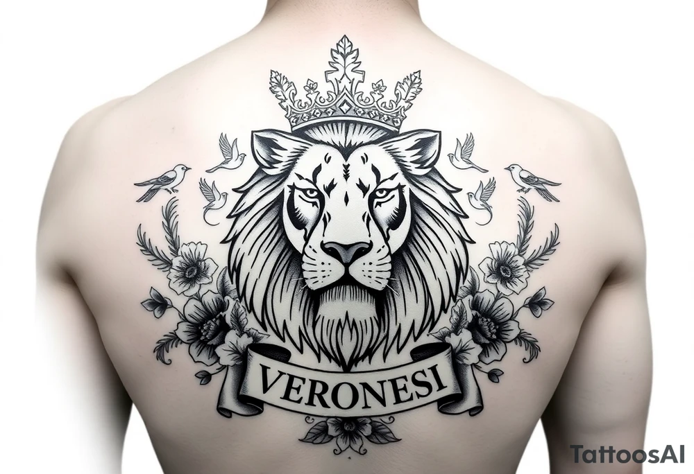 powerful majestic lion with a crown, surrounded by floral ornaments and birds add a name "VERONESI" tattoo idea