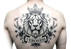 powerful majestic lion with a crown, surrounded by floral ornaments and birds add a name "VERONESI" tattoo idea