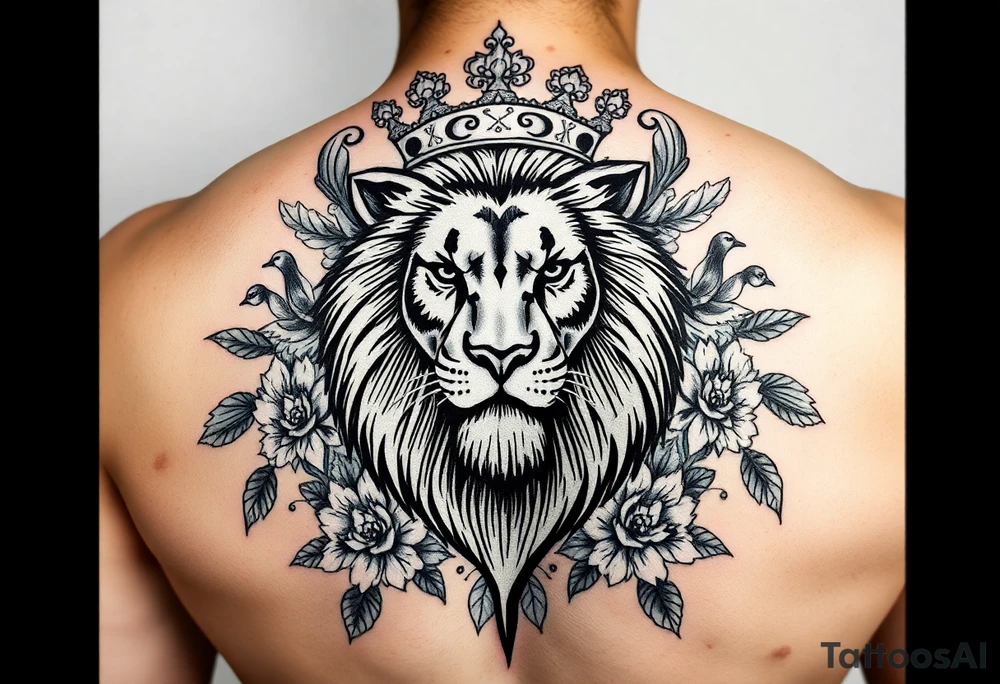 powerful majestic lion with a crown, surrounded by floral ornaments and birds tattoo idea