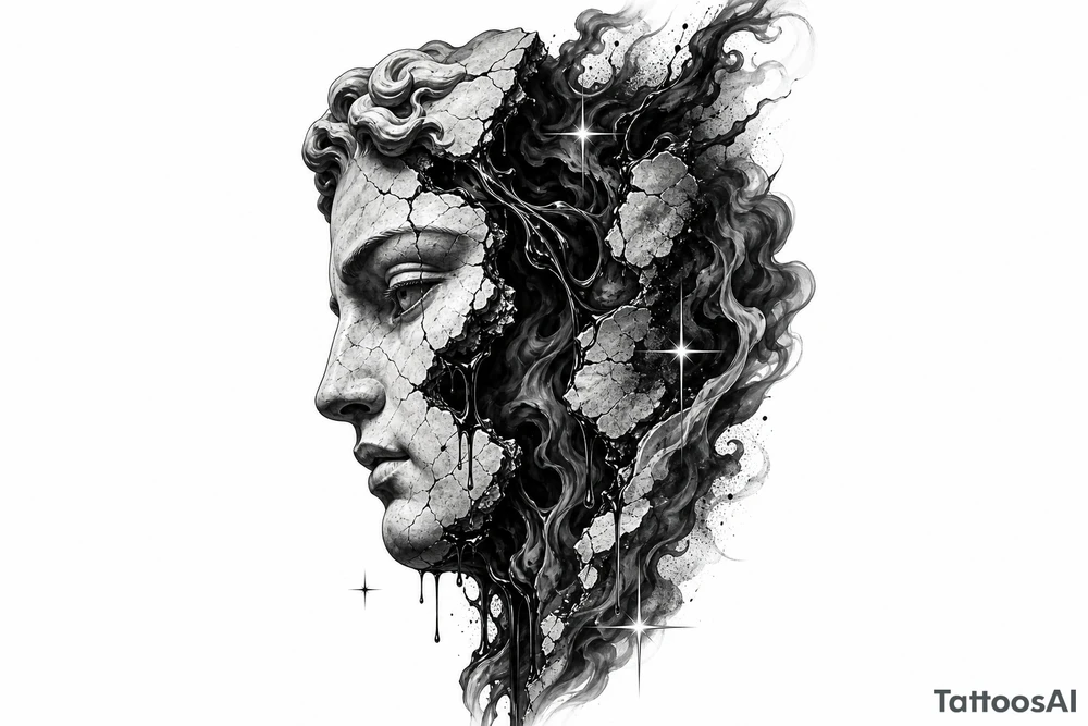 Black and grey tattoo design of a broken marble statue face split down the middle, side view profile, realistic shattered porcelain effect, dark wispy smoke and liquid pouring out of the cracks, Chicano tattoo shading, heavy blackwork background, sharp 4-point sparkle stars, high contrast, clean white background, detailed tattoo stencil style tattoo idea