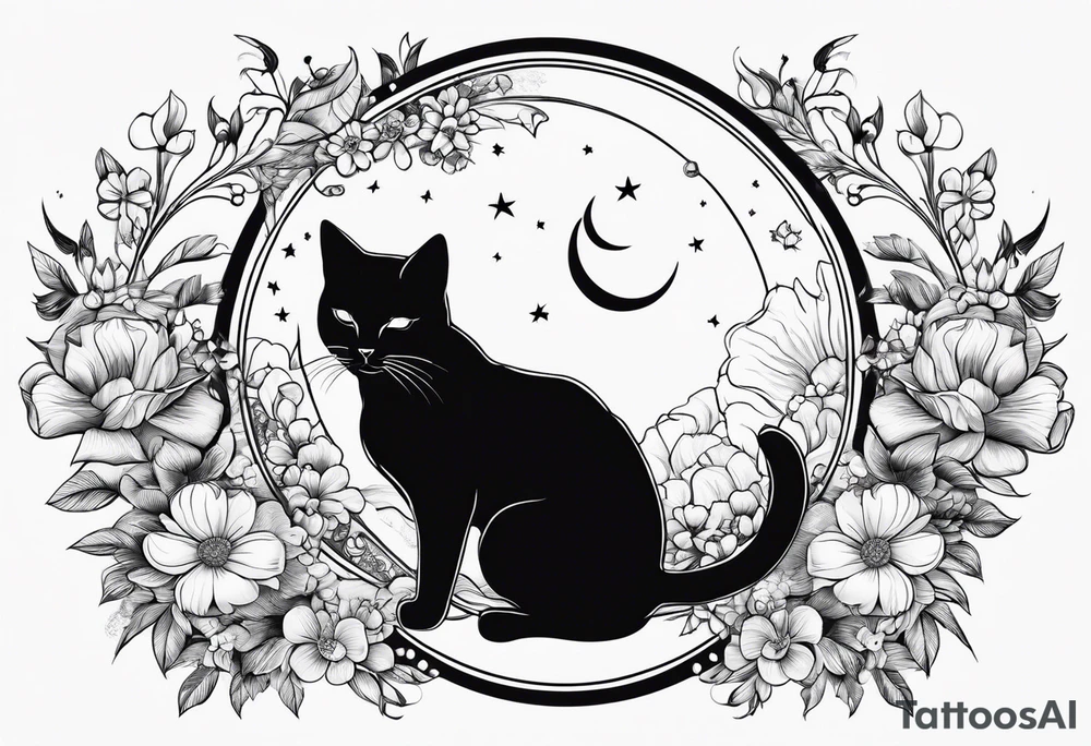2 cats in laid crescent moon with flowers and paw prints tattoo idea