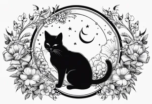 2 cats in laid crescent moon with flowers and paw prints tattoo idea