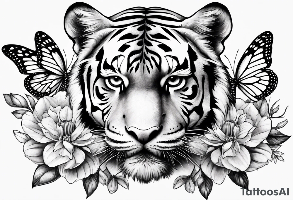 tiger, 3 buterflies, flowers for ladies thigh / hip shaded tattoo idea
