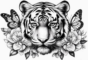 tiger, 3 buterflies, flowers for ladies thigh / hip shaded tattoo idea