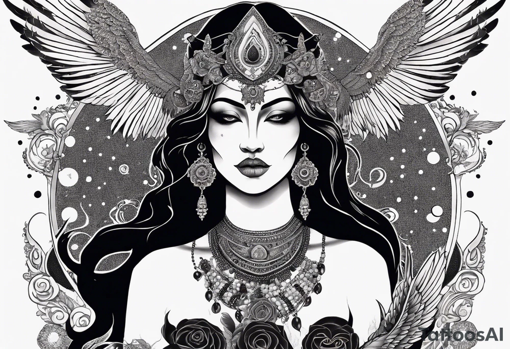 black kali, goddess pirate, alien, angel, pachamama, valkrye, warrior, flying, skull, lotus azul, wing, eagle, zenza resonance, stars, 5D, anahata chakra, death, durga, riding on a tiger, flying lady, kundalini, chest tatoo, samuri, rebel tattoo idea