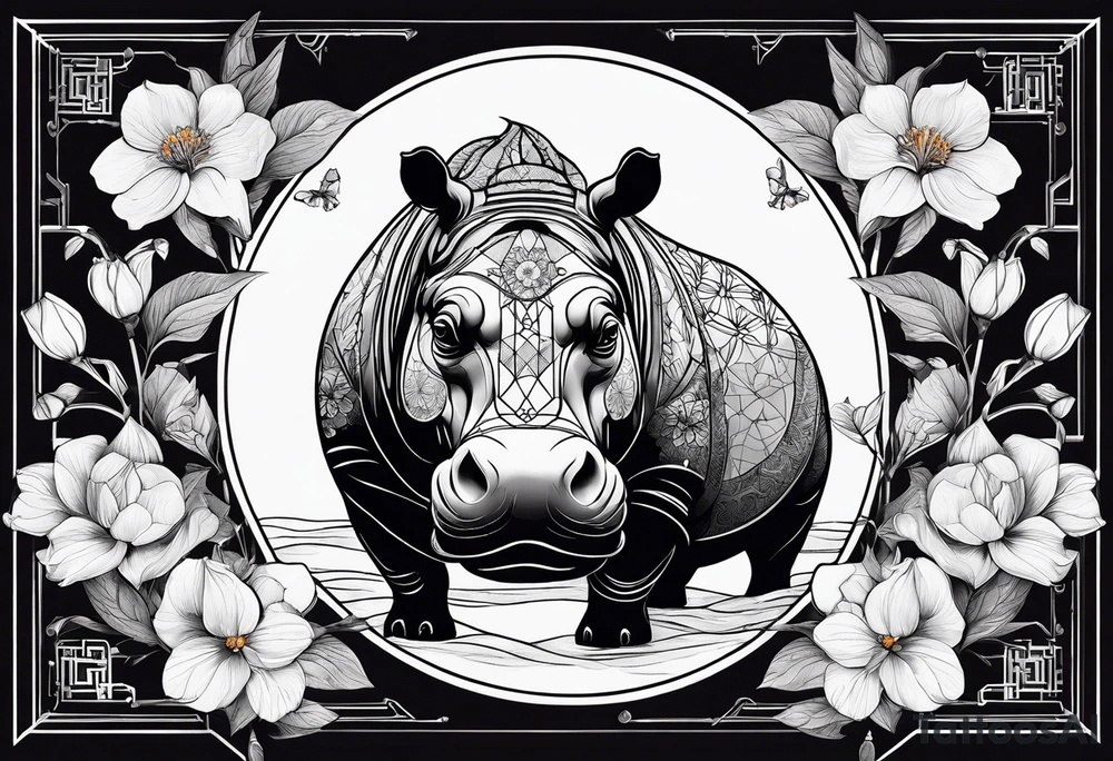 Very asymmetrical, +geometric pattern, with realistic full moon, with hippo head, wintersweet flower bud, +portrait orientation, +inkart touch, tattoo idea