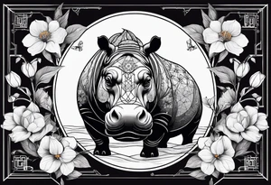 Very asymmetrical, +geometric pattern, with realistic full moon, with hippo head, wintersweet flower bud, +portrait orientation, +inkart touch, tattoo idea