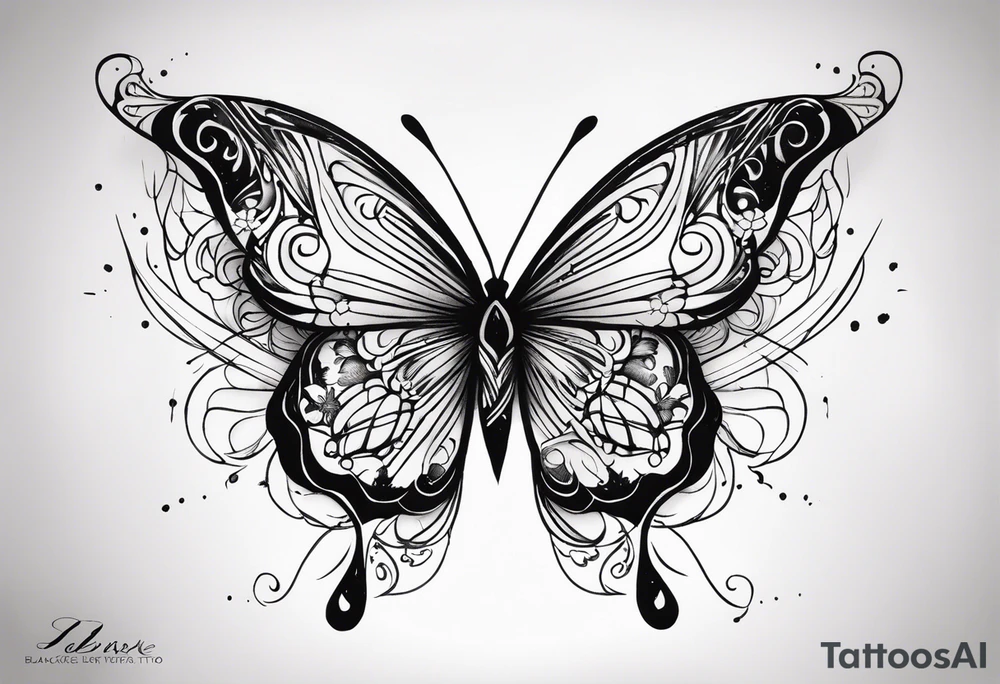 butterfly with one wing black scribbles, the other wing beautiful and colorful, the body has the date 1.9.2023 and the words written "I chose to live." tattoo idea