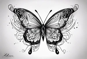 butterfly with one wing black scribbles, the other wing beautiful and colorful, the body has the date 1.9.2023 and the words written "I chose to live." tattoo idea