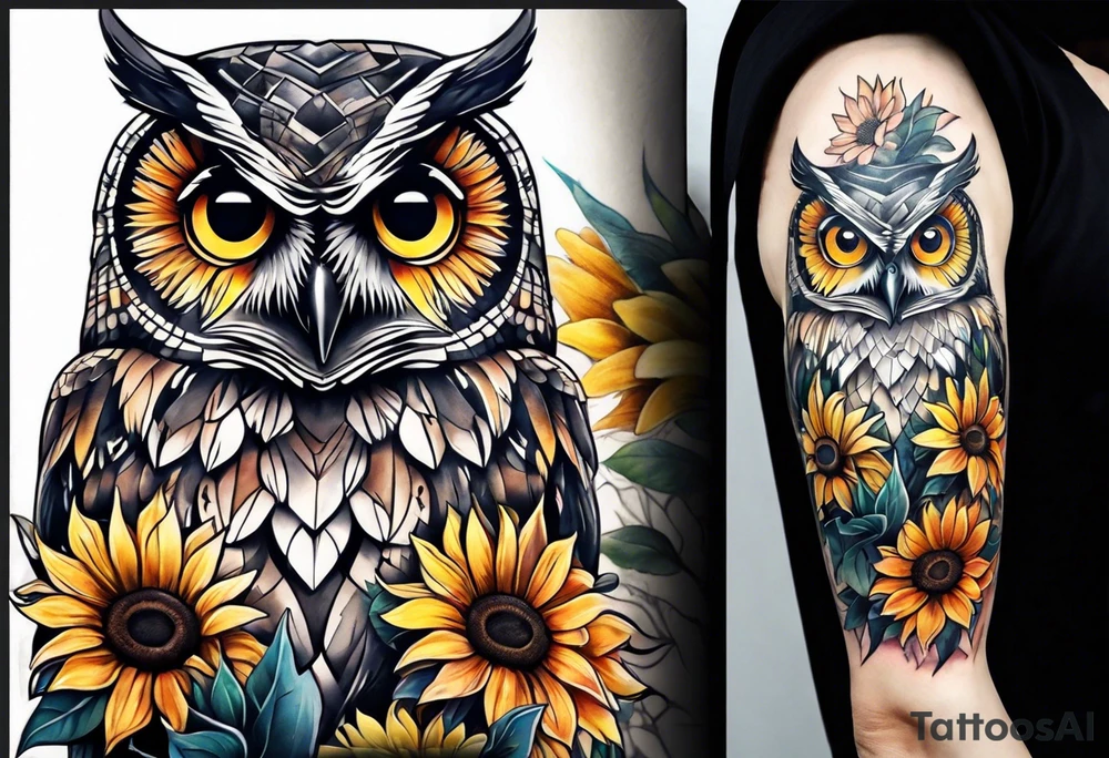 Owl and sunflower sleeve tattoo idea
