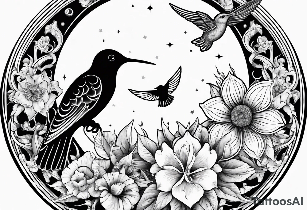 Floral sun and moon with hummingbird tattoo idea