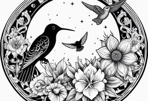 Floral sun and moon with hummingbird tattoo idea