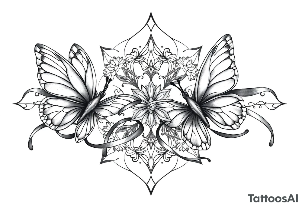 ethereal butterflies with flowing silk ribbons in geometric mandala tattoo idea