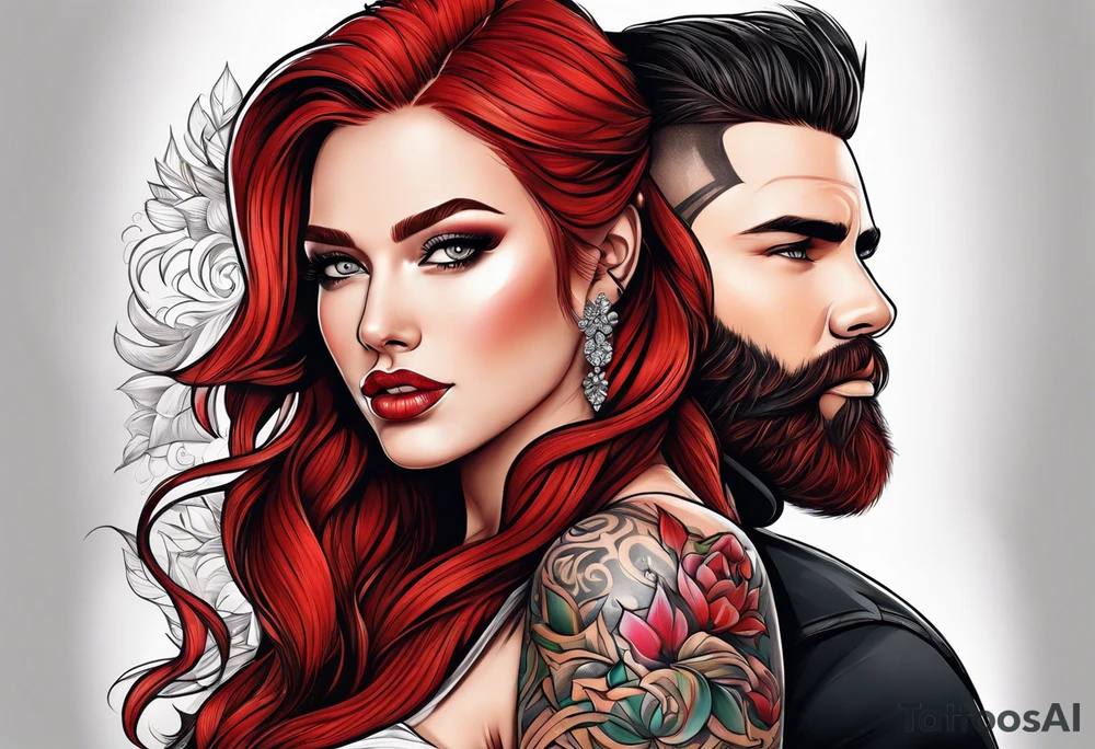 Busty red haired woman with a bearded man who has black hair getting married tattoo idea