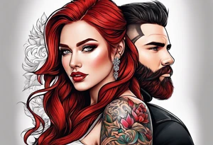 Busty red haired woman with a bearded man who has black hair getting married tattoo idea
