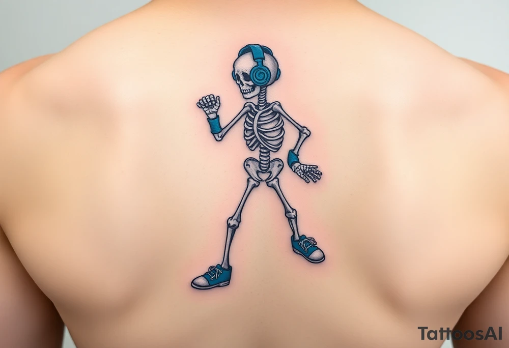 Minimalist funny looking skeleton skipping on a jumping rope with blue headphone blue tennis shoes blue arm bands and music notes colorful tattoo idea