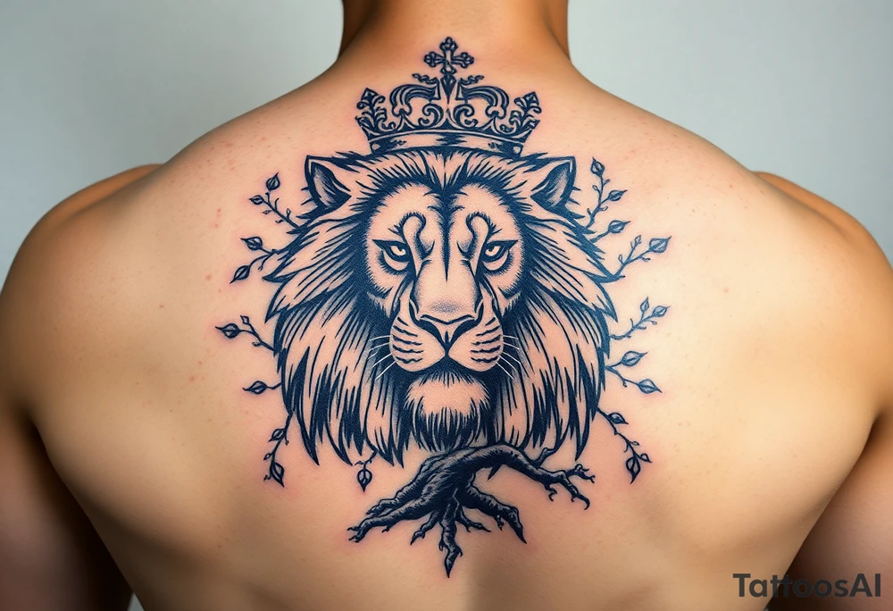 powerful majestic lion with a crown with a tree and for upper arm tattoo idea