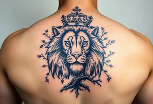 powerful majestic lion with a crown with a tree and for upper arm tattoo idea
