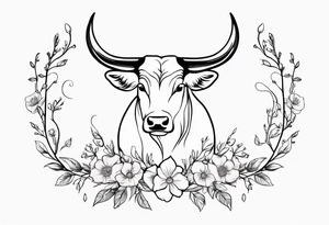 Saggitarius zodiac symbol (the archer) intertwined with the Taurus zodiac symbol (the bull) with delicate flowers tattoo idea
