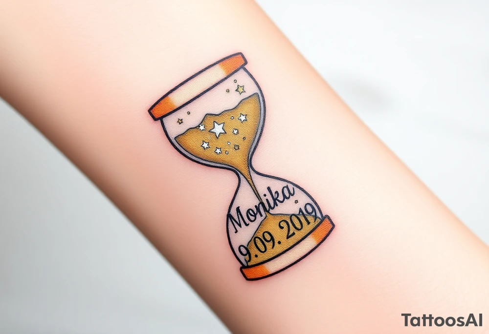 A golden hourglass where sand transforms into tiny stars, flowing down to mark the birth time with name "Monika" and date "09. 09. 2019", in shimmering gold and deep space black tattoo idea