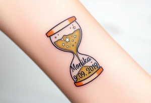 A golden hourglass where sand transforms into tiny stars, flowing down to mark the birth time with name "Monika" and date "09. 09. 2019", in shimmering gold and deep space black tattoo idea