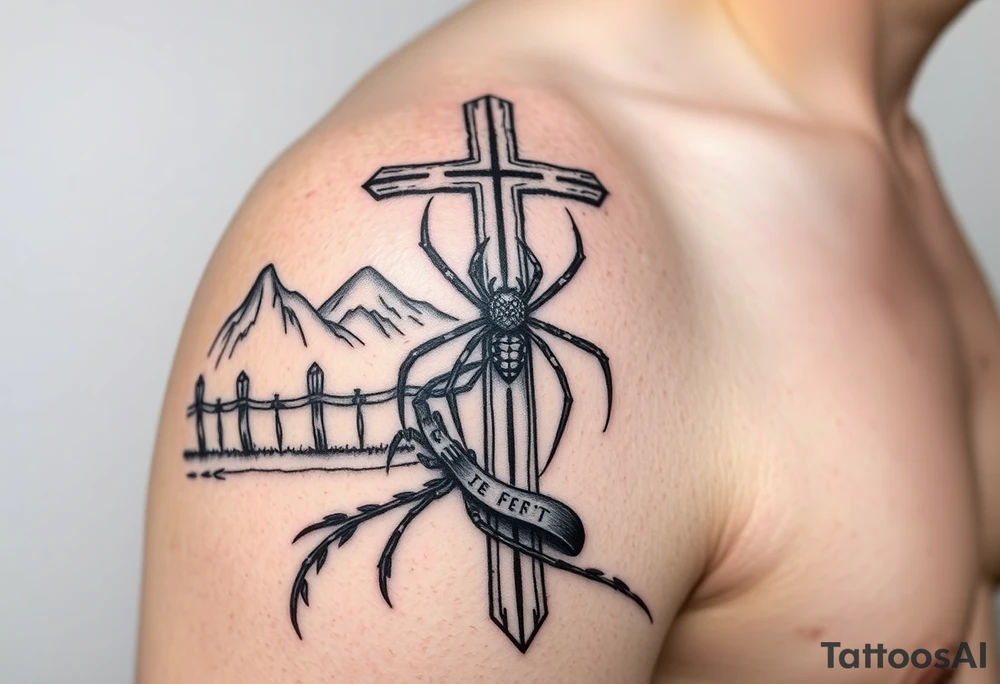 a cross surrounded by a fence with mountains in the background. A daddy long-leg spider climbing up the arm. native American tribal insignia wrapping around the arm. also add two bible versus  that will go under the cross. add a small amount of Irish Celtic designs. tattoo idea