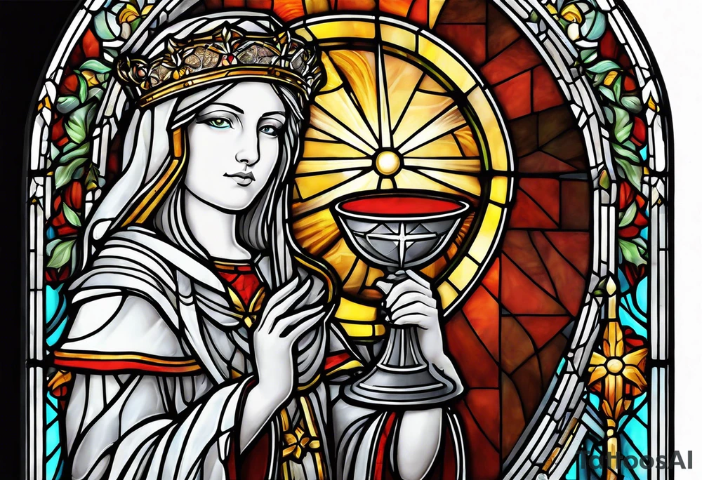 holy saint woman with halo stained glass holding a chalice with artillery tattoo idea