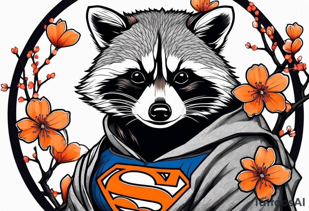 raccoon wearing a black and white Superman hoodie and orange Japanese cherry blossoms tattoo idea