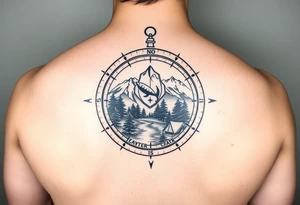 Open compass, bottom half with mountains, trees, stream, and tent. The S of the compass should be a fishing lure tattoo idea