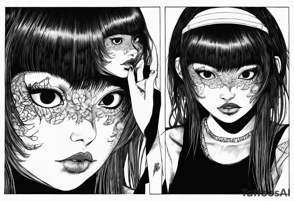 portrait of tomie a character by the horror author junji ito full body standing menacingly.  a mole below her left eye.  add more horror and gore elements tattoo idea