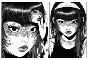 portrait of tomie a character by the horror author junji ito full body standing menacingly.  a mole below her left eye.  add more horror and gore elements tattoo idea