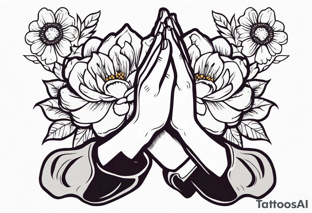 two 
hands praying with flowers simple bold tradional old school style bold colors tattoo idea