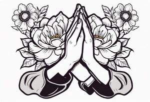 two 
hands praying with flowers simple bold tradional old school style bold colors tattoo idea