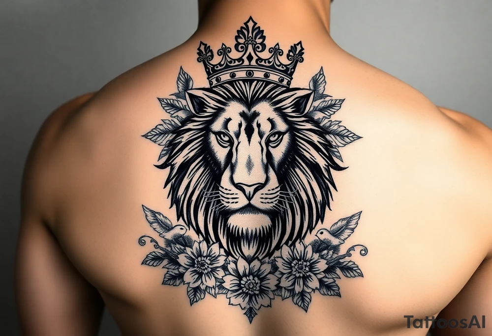 powerful majestic lion with a crown, surrounded by floral ornaments and birds tattoo idea
