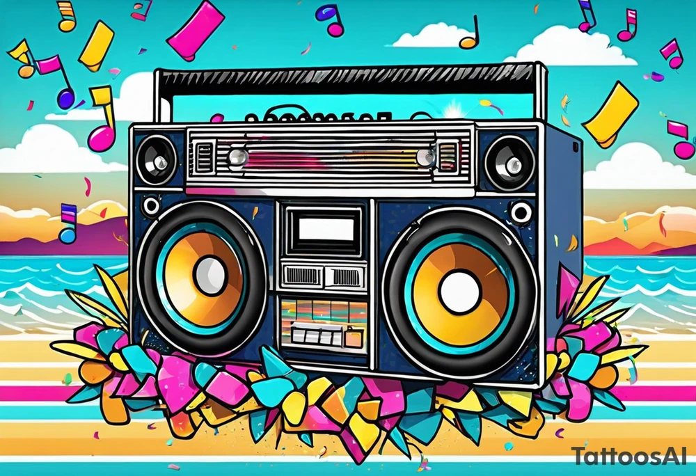 1980's style big boom box mith confetti, and music notes in the air, sound waves against miami vice style beach background, include sexy party goers tattoo idea