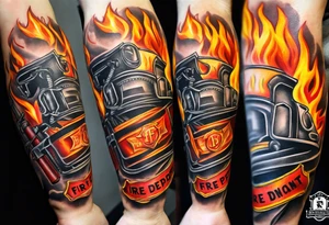 A fire department related forearm tattoo that includes a fire hose and a halligan bar tattoo idea