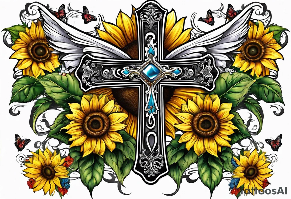 Winged cross with sunflower and butterflies tattoo idea