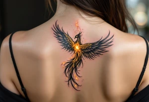 magnificent phoenix rising from golden flames with trailing embers tattoo idea