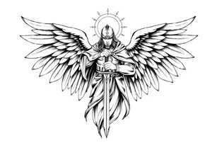 Holy Archangel, Biblical, Christianity, Hebrew, Guards of Christianity, Holding a sword, has six wings, wearing helmet, halo, seraphim, seek justice tattoo idea