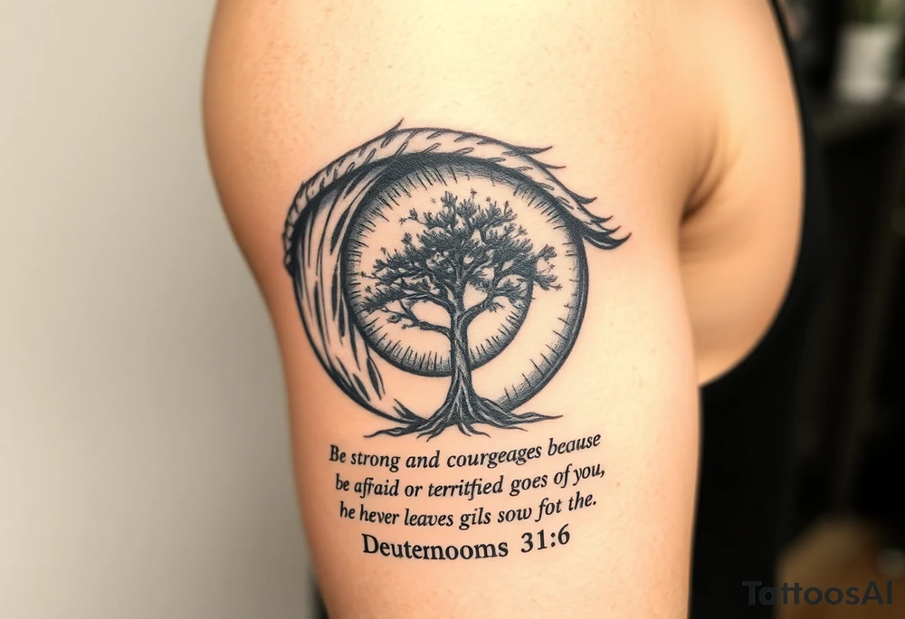 Realistic Eyeball with waterfall flowing out of it and under have a tree and under that have the verse Be strong and courageous. Do not be afraid or terrified
because of them, for the Lord your God goes with you; he will never leave you nor forsake you." Deuteronomy 31:6 tattoo idea