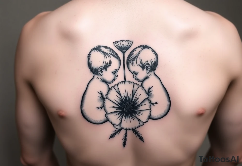 Two baby girls being held my mother with poppy flower tattoo idea